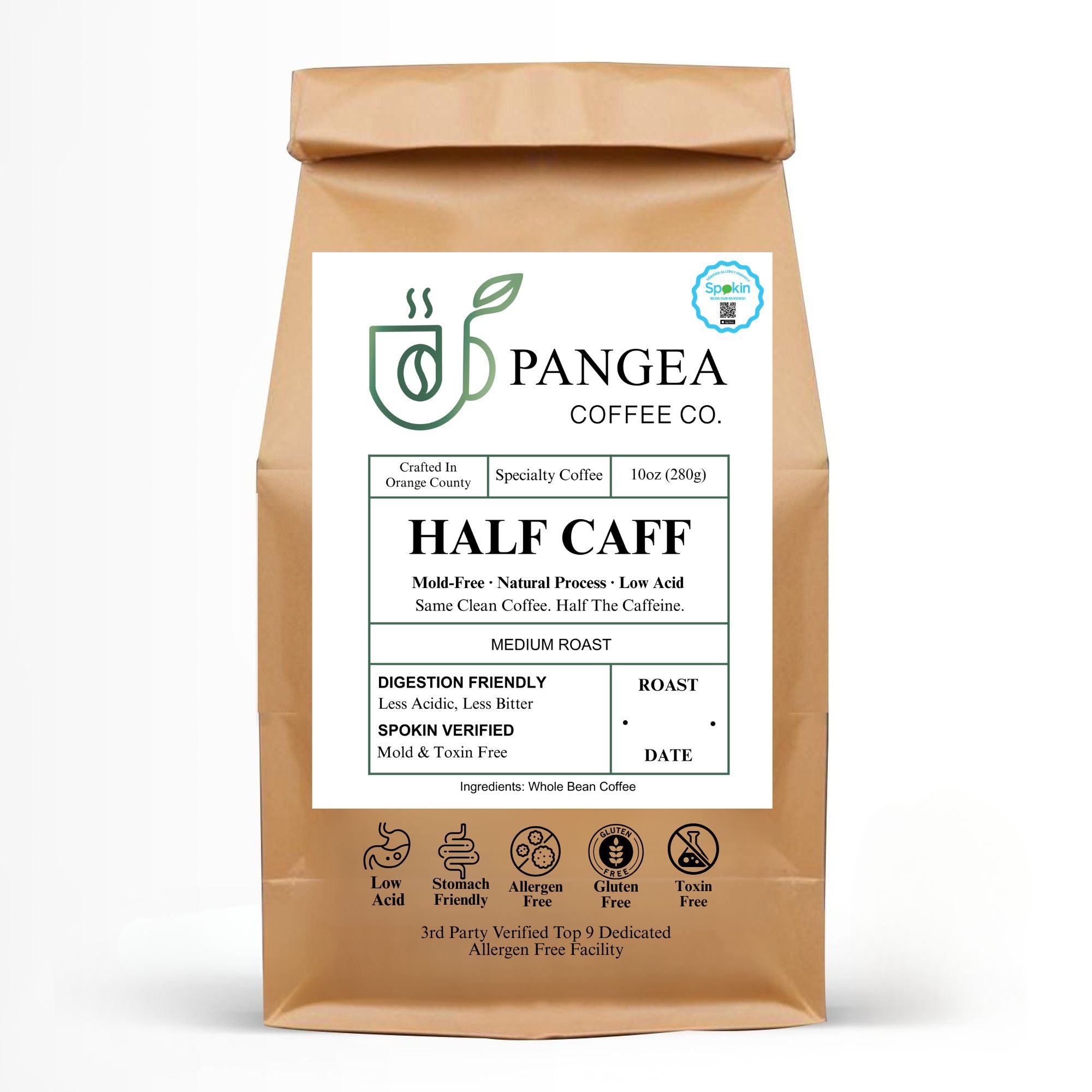 Pangea Half Caff coffee bag — 10oz whole bean low acid mold-free medium roast with half the caffeine, SPOKIN-verified allergen-free, crafted in Orange County.