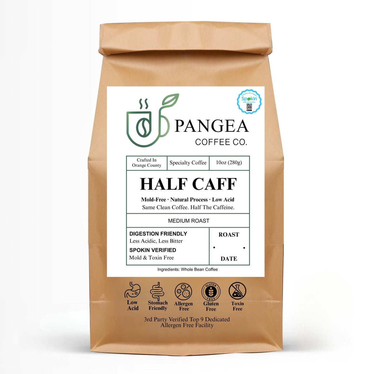 Pangea Half Caff coffee bag — 10oz whole bean low acid mold-free medium roast with half the caffeine, SPOKIN-verified allergen-free, crafted in Orange County.