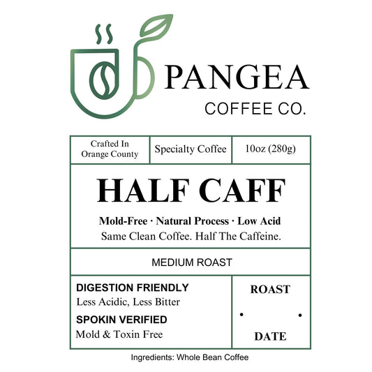 Pangea Half Caff coffee label — mold-free, natural process, low acid medium roast, same clean coffee with half the caffeine, 10oz whole bean specialty coffee.