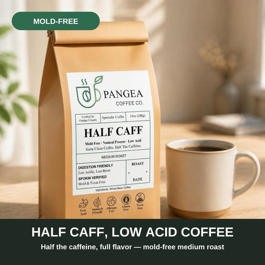 Half caff low acid coffee: Pangea Half Caff with half the caffeine and full flavor, mold-free medium roast