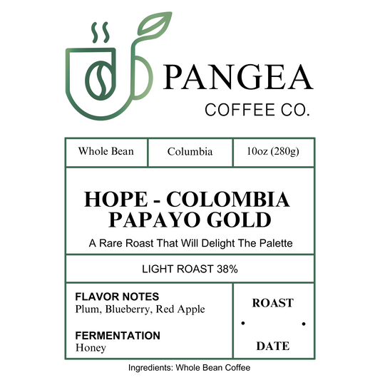 Hope – Colombia Papayo Gold coffee label highlighting rare Papayo varietal and honey fermentation

