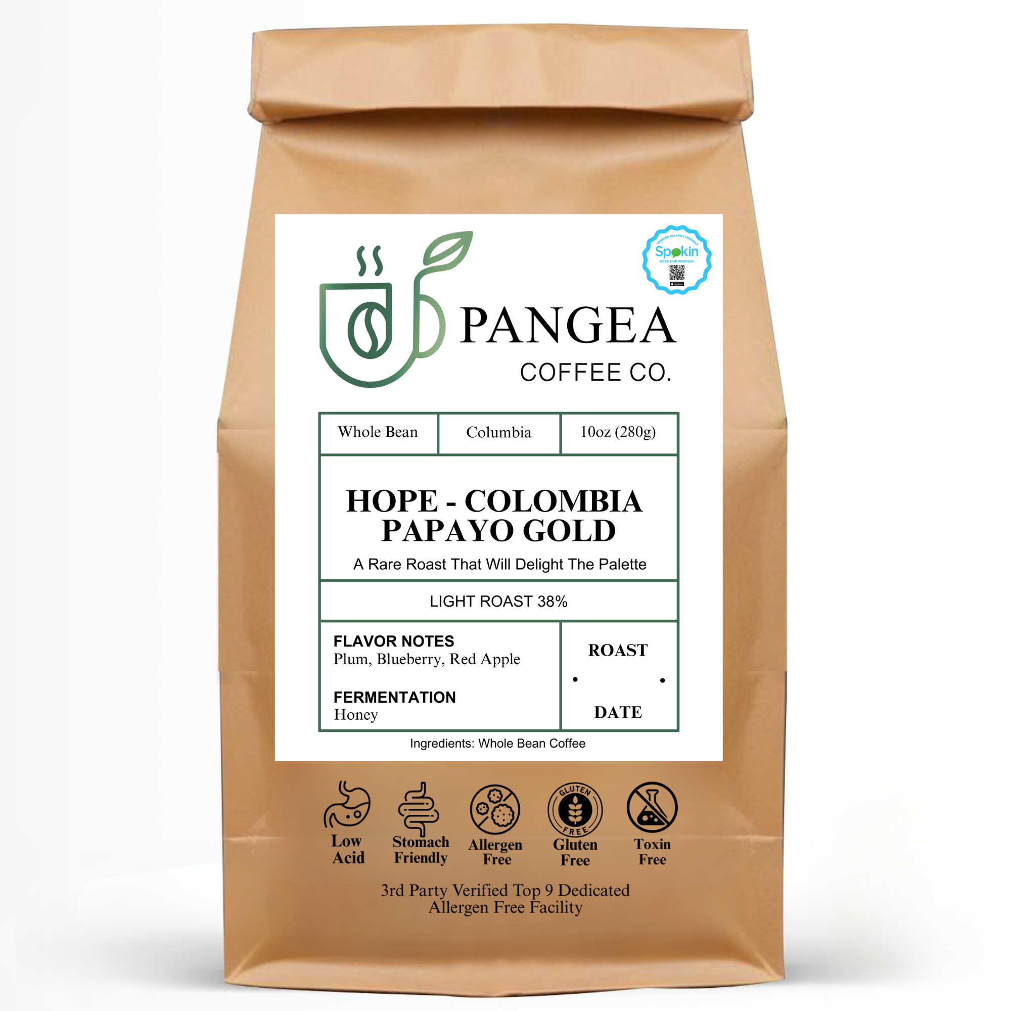 Hope – Colombia Papayo Gold coffee bag white background – Rare light roast with plum, blueberry, and red apple notes
