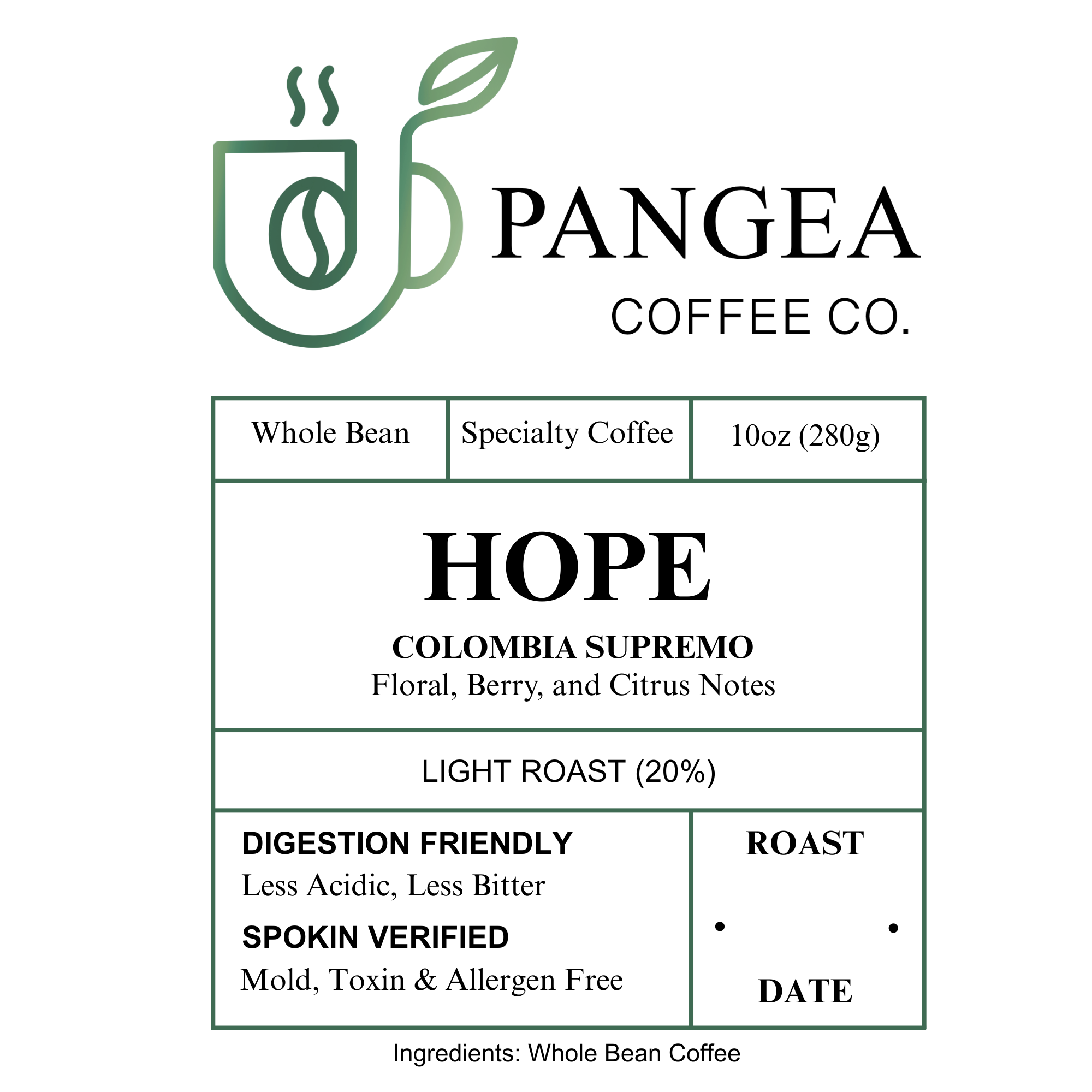 Hope Colombia Supremo label – floral berry citrus light roast digestion friendly allergen free