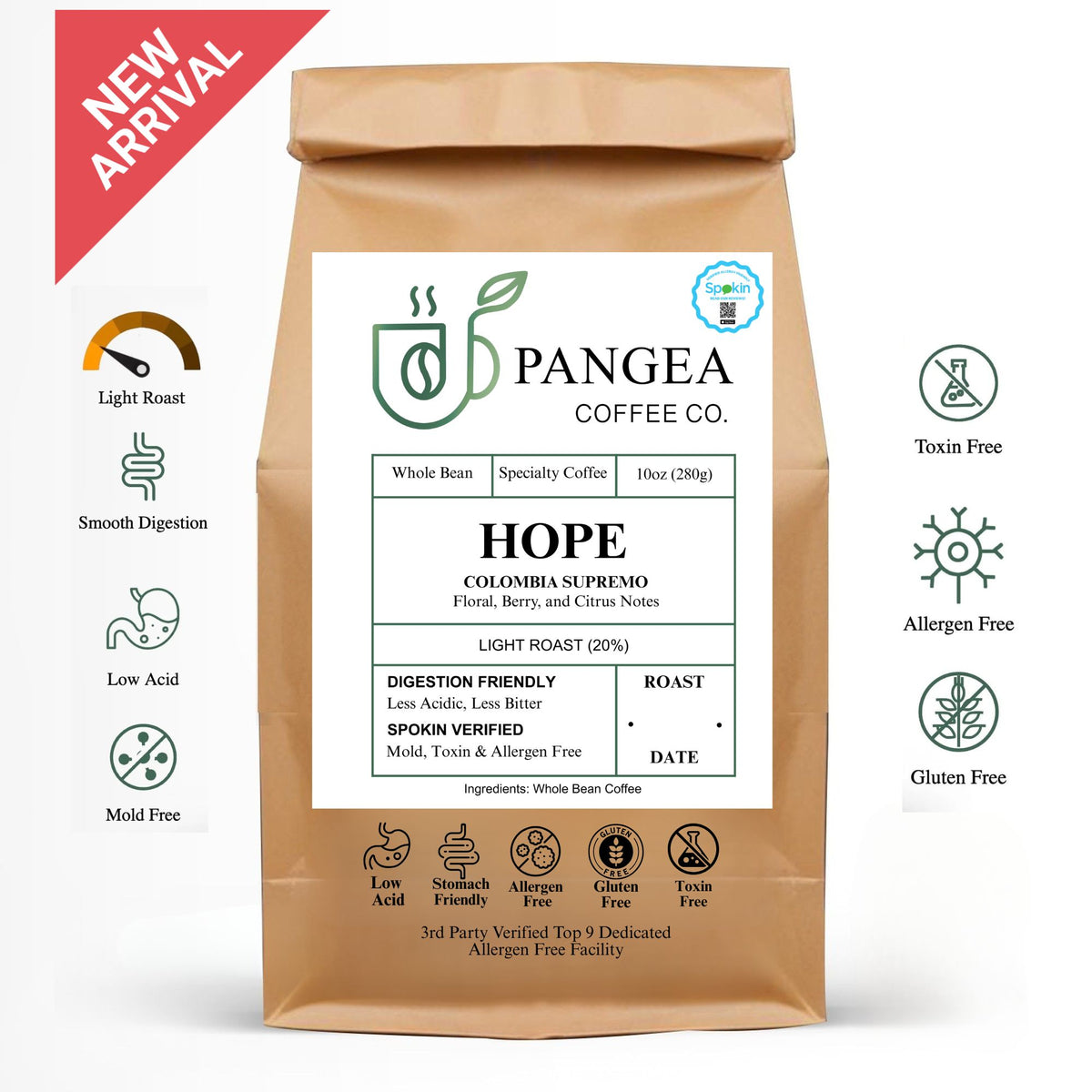 Hope Colombia Supremo low acid light roast coffee bag – SPOKIN verified allergen free mold free