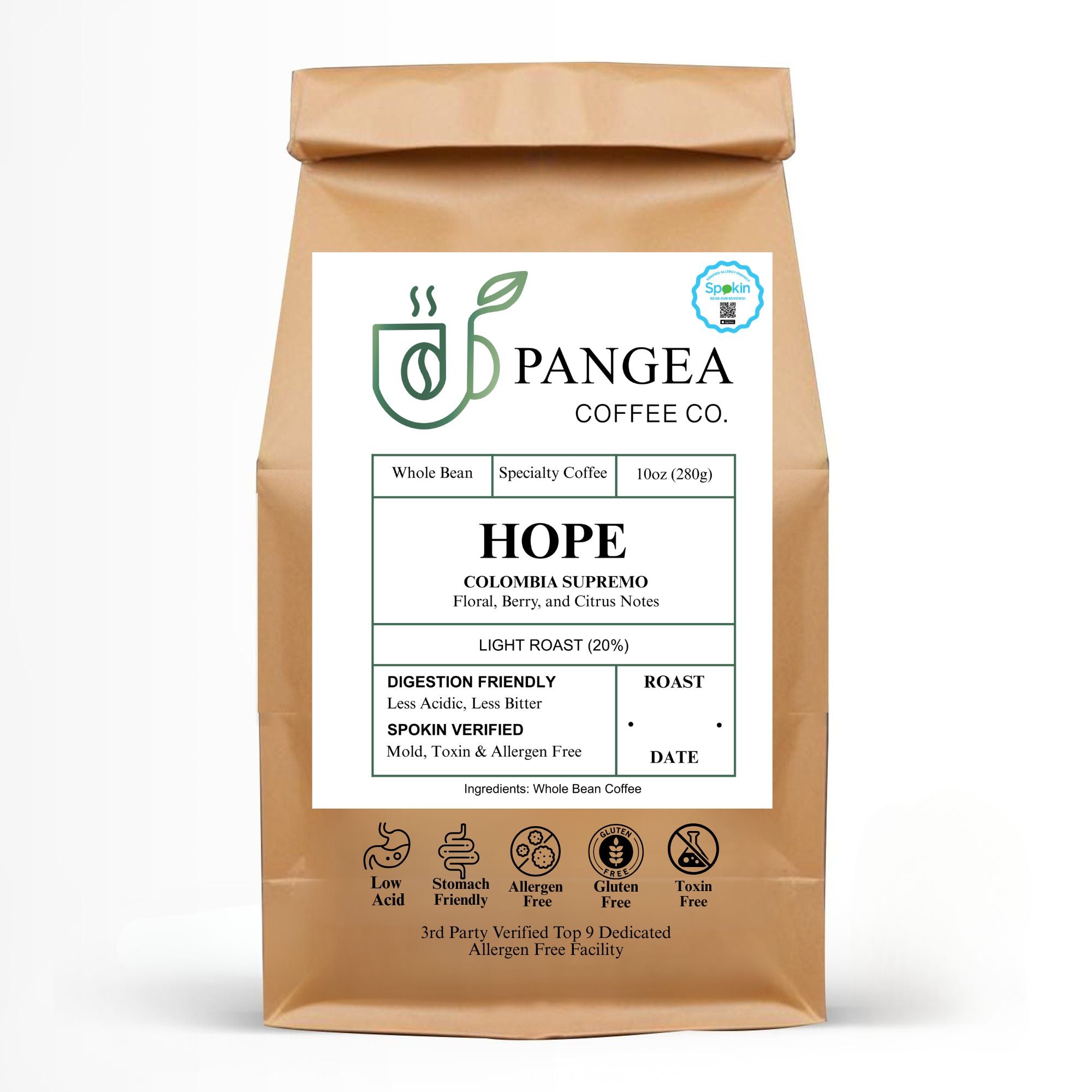 Pangea Coffee Top 9 allergen-free facility roasting Hope Colombia Supremo light roast mold free California