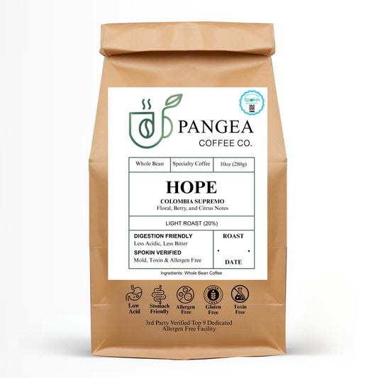 Pangea Coffee Top 9 allergen-free facility roasting Hope Colombia Supremo light roast mold free California