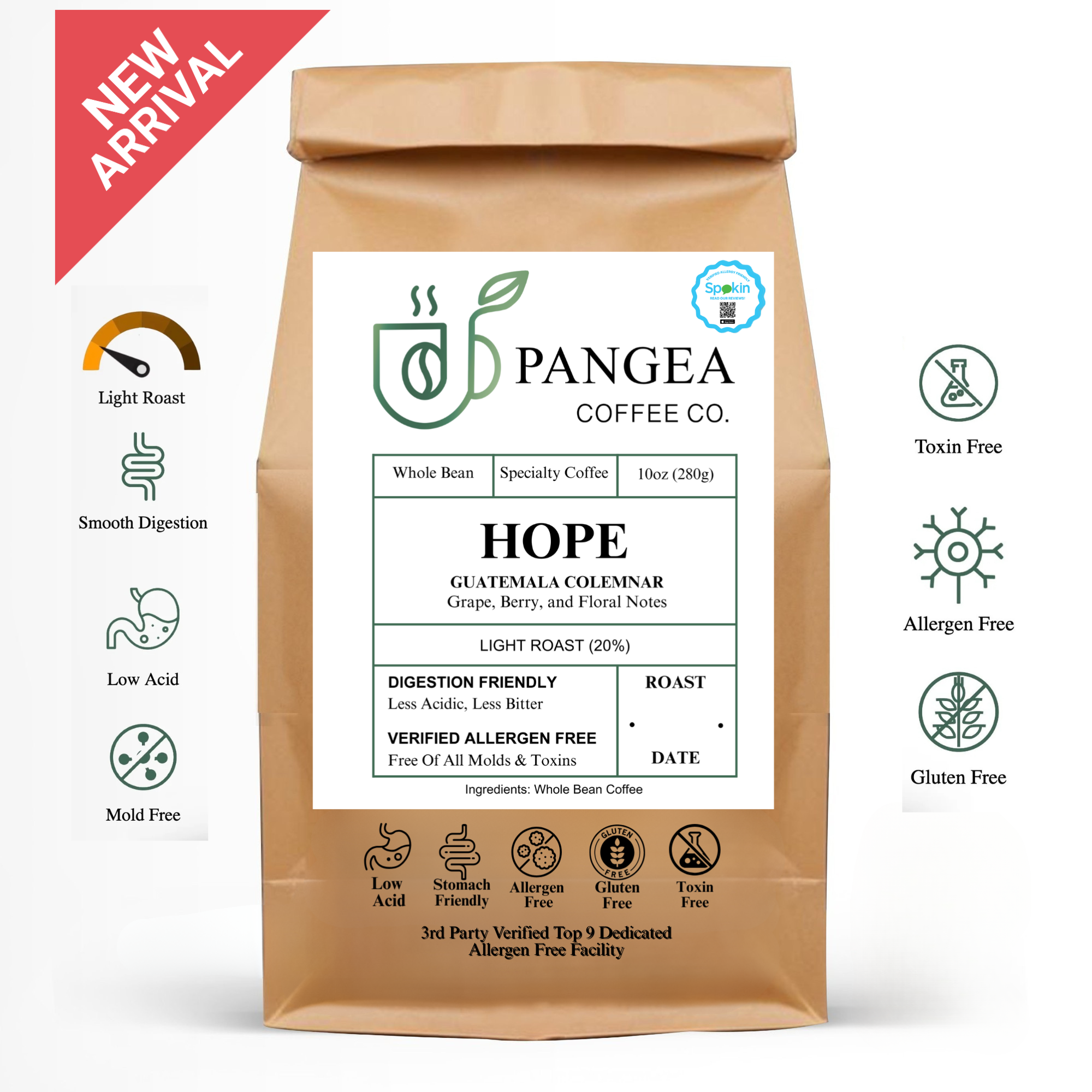 Pangea Hope Guatemala Colemnar light roast — low-acid, mold-free coffee for sensitive stomachs