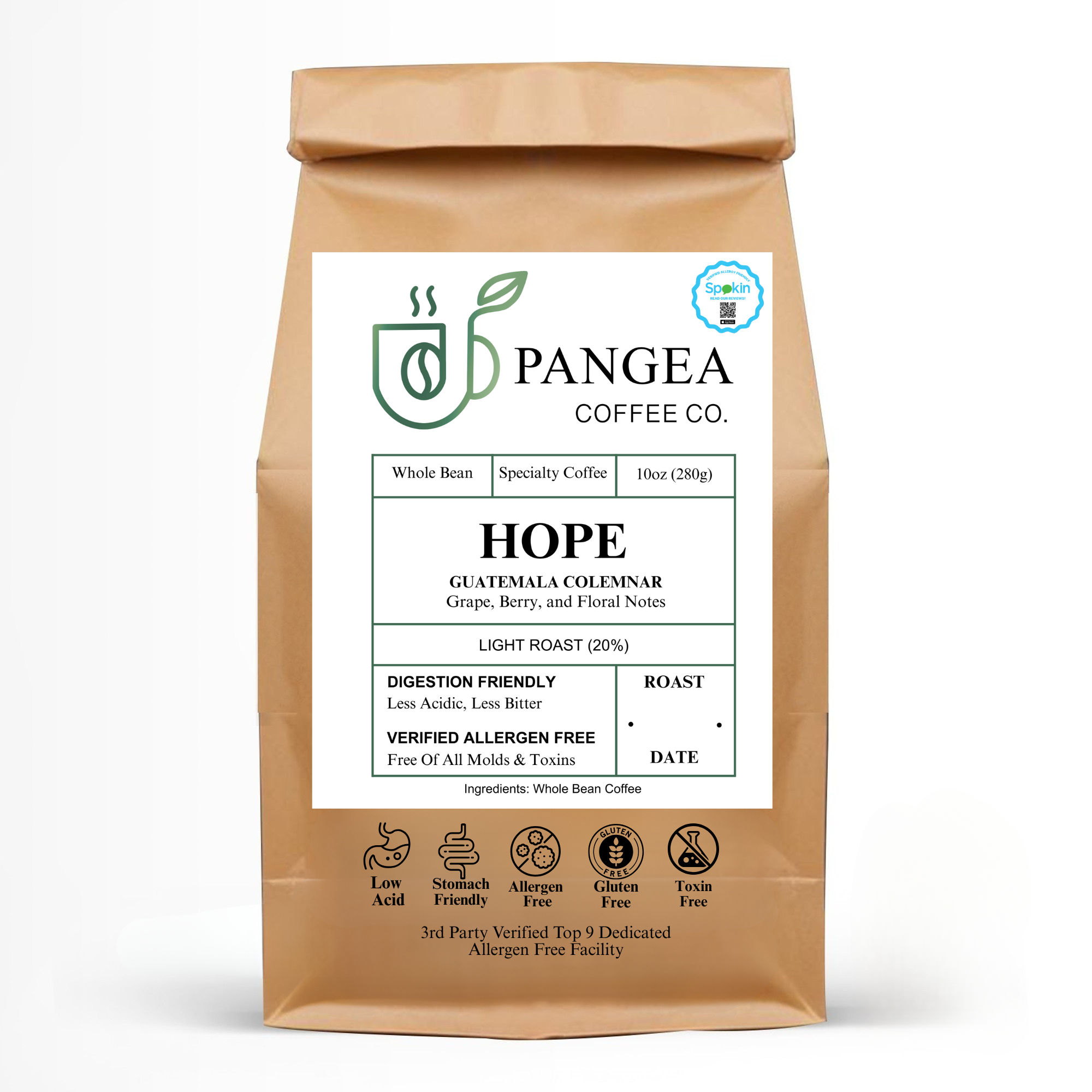 Hope Guatemala Colemnar pour-over — mold-free low acid light roast coffee for acid reflux and GERD, bright grape berry