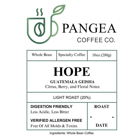 Hope Guatemala Geisha label – citrus berry floral light roast, digestion friendly allergen free