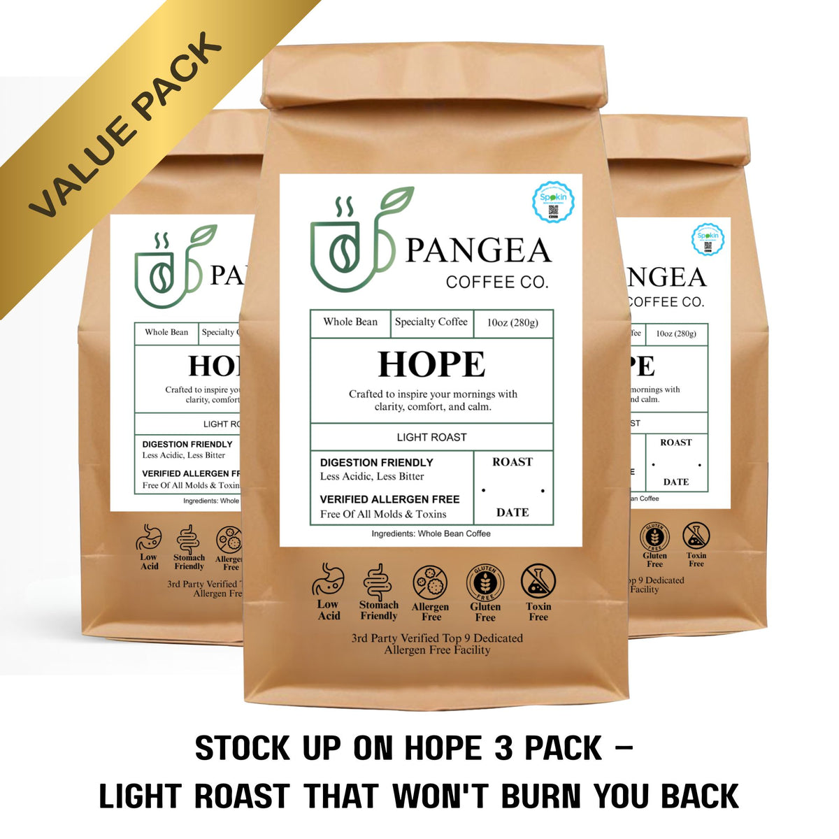 Hope Light Roast 3-Pack 30oz bundle — Roaster's Choice mold-free low acid light roast, SPOKIN-verified allergen-free, floral fruit-forward clean finish, best light roast for acid reflux and GERD