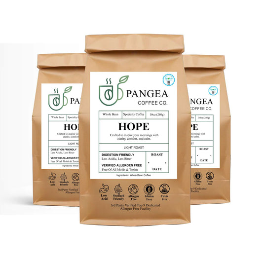 Hope Light Roast 3-Pack — 3x10oz mold-free low acid light roast coffee bundle, SPOKIN-verified allergen-free, floral fruit-forward, doctor-recommended for acid reflux and GERD, best value