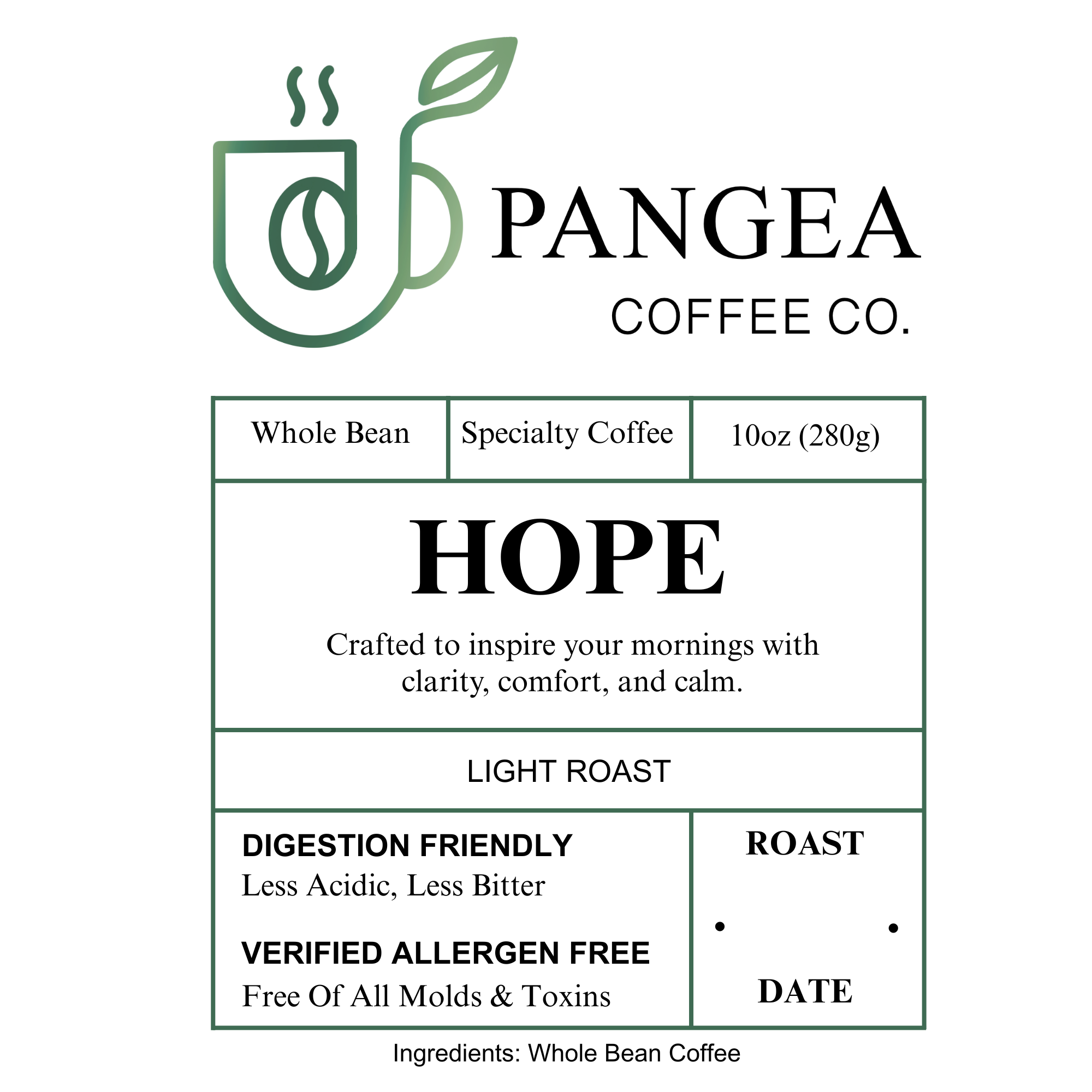 Hope Light Roast Coffee front label – Low Acid, Clean, Organic, Allergen-Free, 10oz Bag

