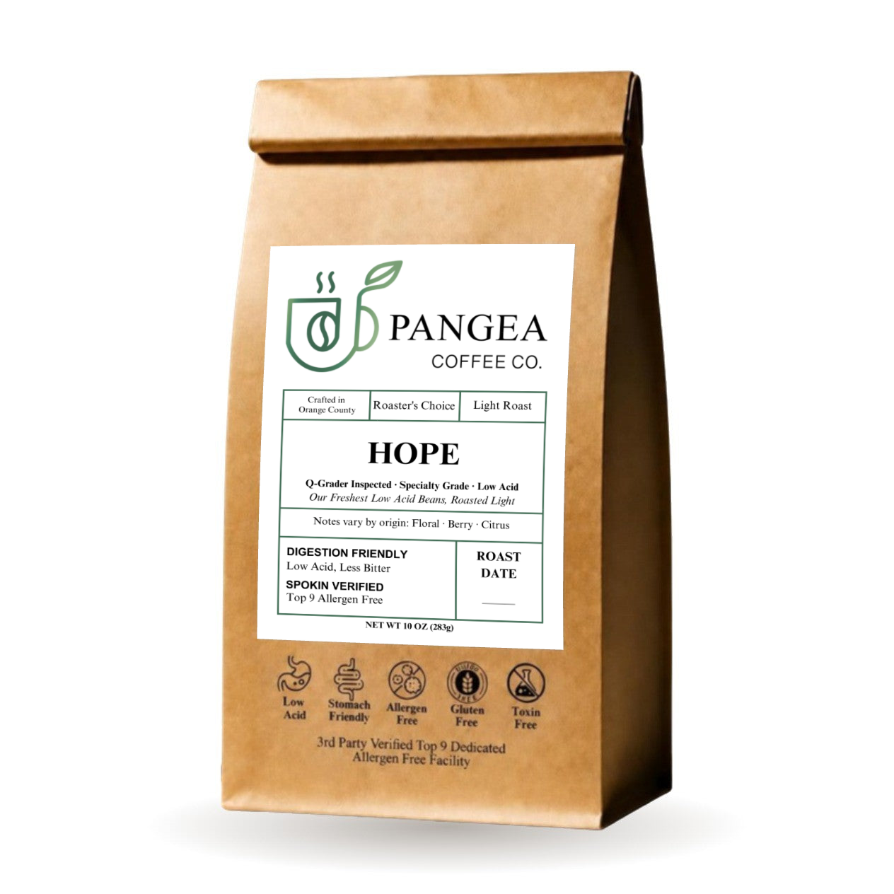 Pangea Hope light roast 10oz bag — low acid, mold-free, allergen-free light roast coffee delivered monthly with the Hope Membership subscription
