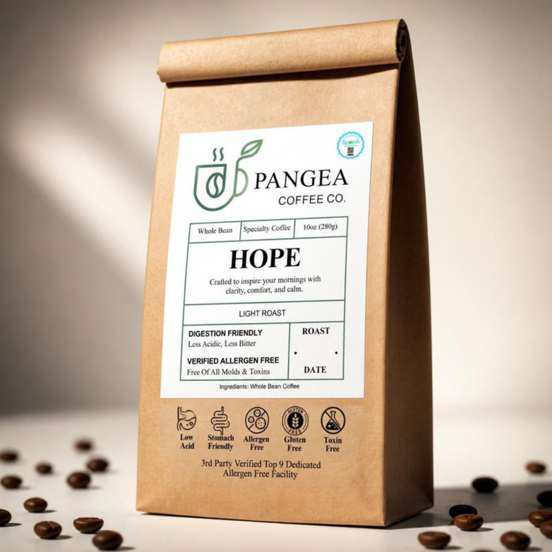 Pangea Hope light roast 10oz bag — low acid, mold-free, allergen-free light roast coffee delivered monthly with the Hope Membership subscription