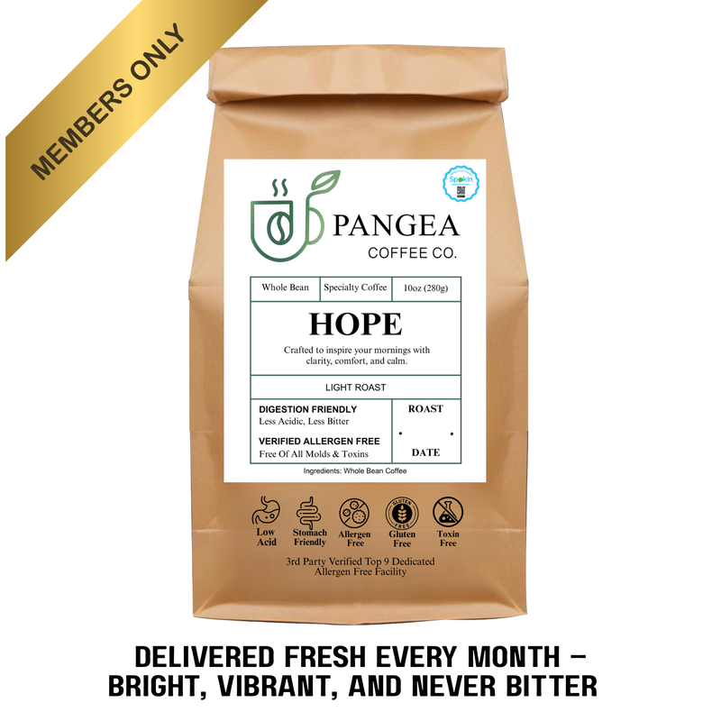 Hope Light Roast Membership — mold-free low acid light roast subscription for acid reflux, GERD, and sensitive stomachs, SPOKIN-verified allergen-free, save 15 percent