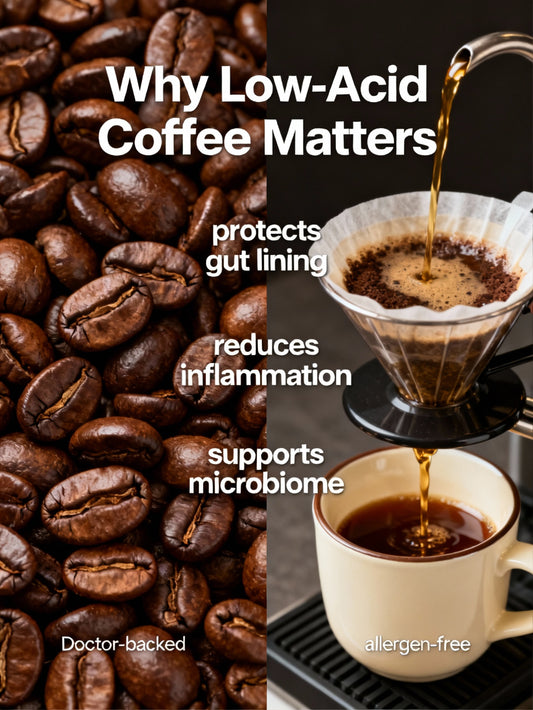 Why low-acid coffee matters infographic explaining reduced stomach irritation, smoother taste, and better digestion compared to regular coffee