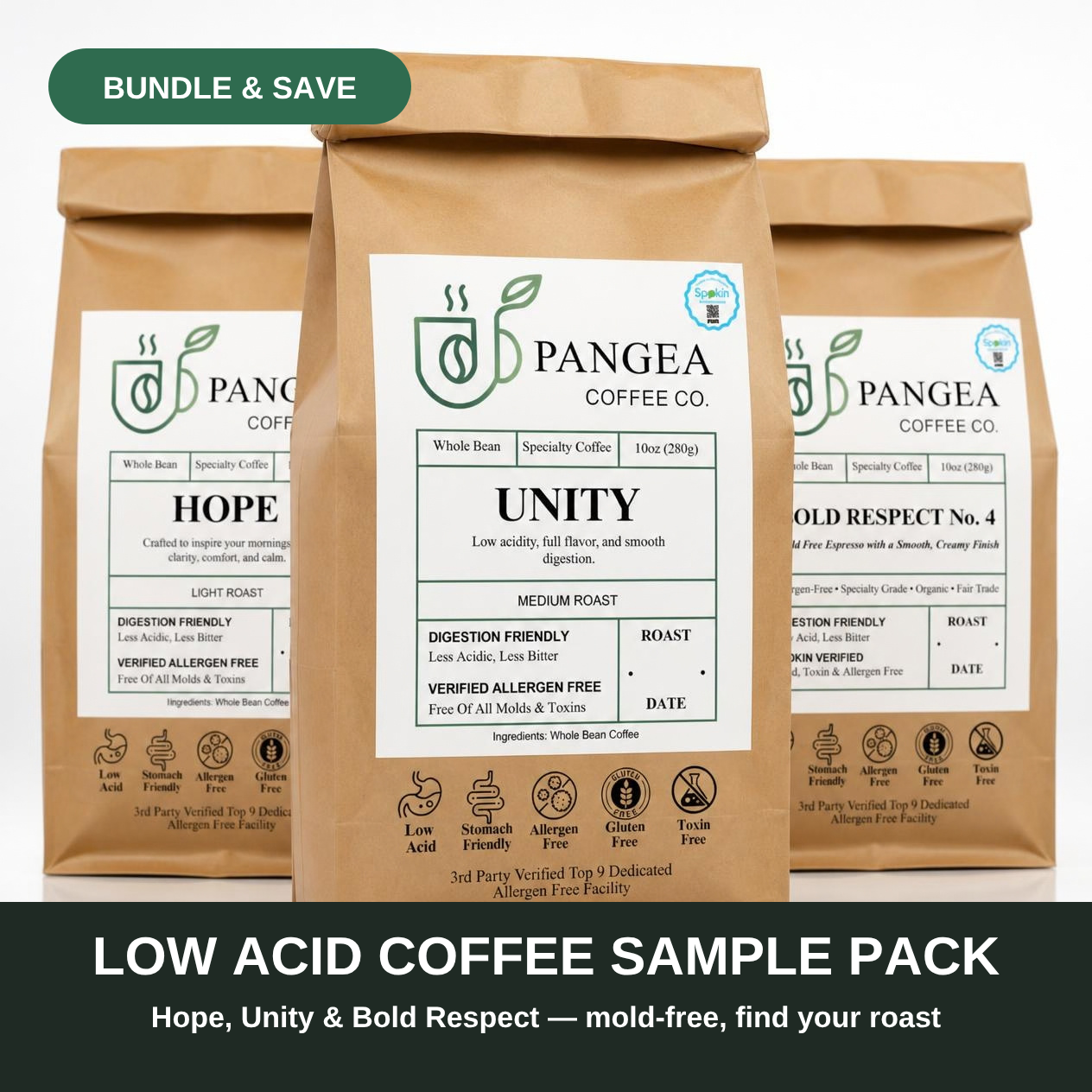 Low acid coffee sample pack: Pangea Discovery Pack with Hope, Unity and Bold Respect, mold-free and allergen-free