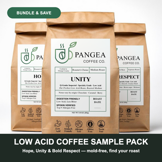 Low acid coffee sample pack: Pangea Discovery Pack with Hope, Unity and Bold Respect, mold-free and allergen-free