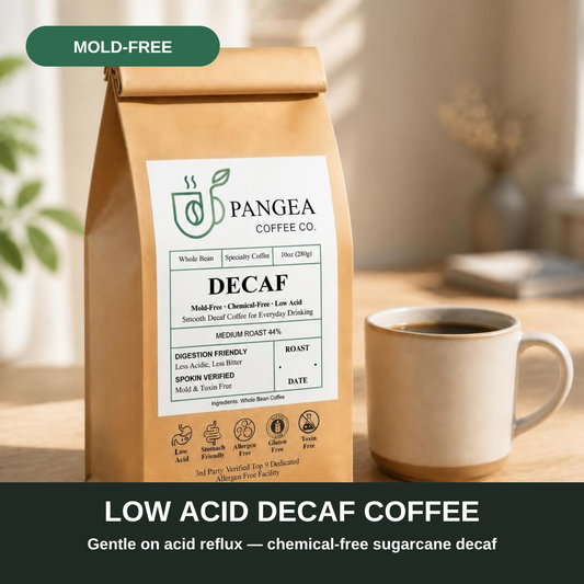 Low acid decaf coffee, gentle on sensitive stomachs — Pangea Decaf, mold-free