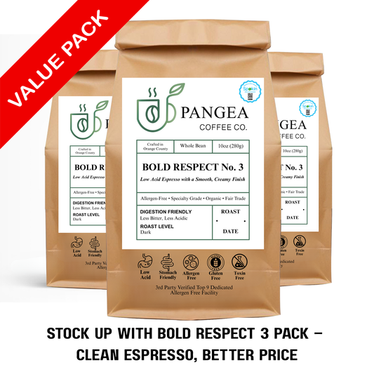 Bold Respect No 3 low acid espresso coffee bag included in 3-pack - organic allergen-free dark roast for sensitive stomach