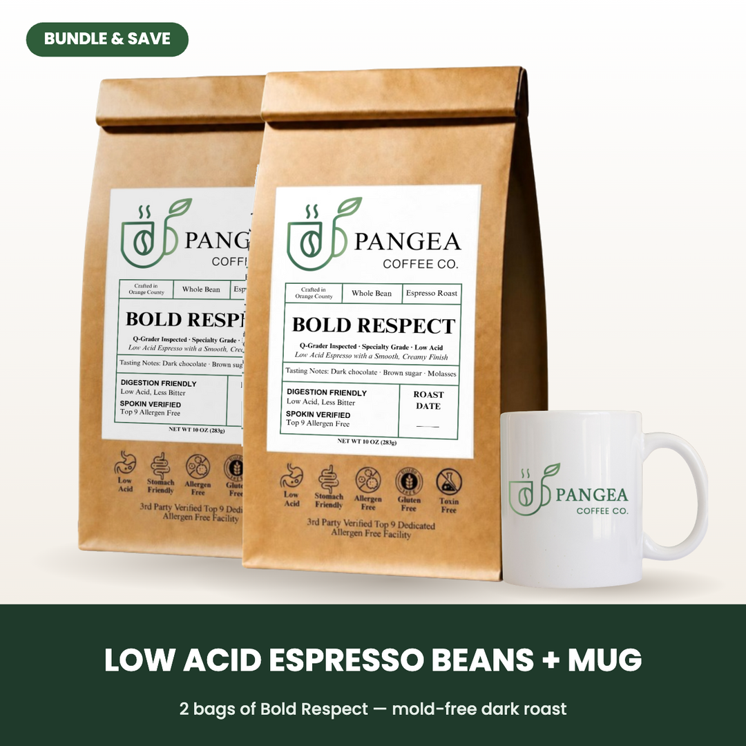 Low acid espresso beans + mug: Bold Respect 2-Pack bundle with a Pangea ceramic mug