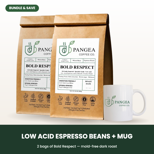 Low acid espresso beans + mug: Bold Respect 2-Pack bundle with a Pangea ceramic mug