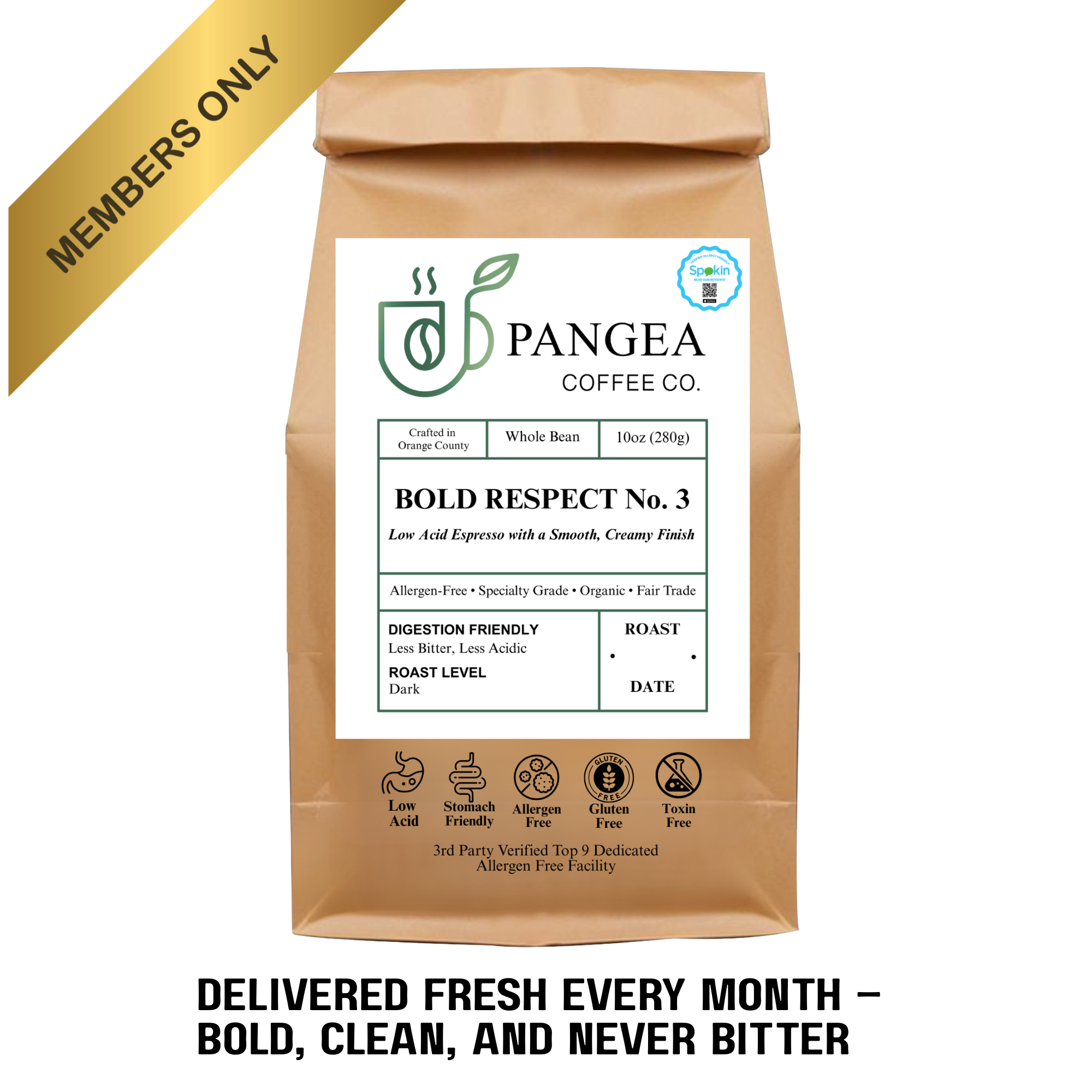 Bold Respect No 3 subscription - monthly delivery of low acid espresso for acid reflux GERD - organic allergen-free dark roast