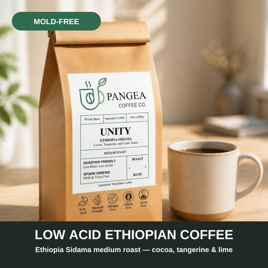 Low acid Ethiopian coffee: Pangea Unity Ethiopia Sidama mold-free medium roast with cocoa, tangerine and lime notes