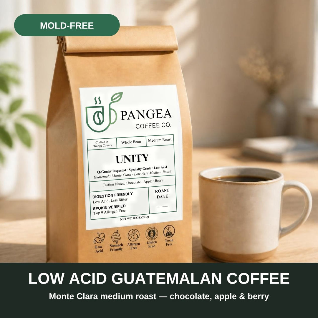 Low acid Guatemalan coffee: Pangea Unity Guatemala Monte Clara mold-free medium roast with chocolate, apple and berry notes