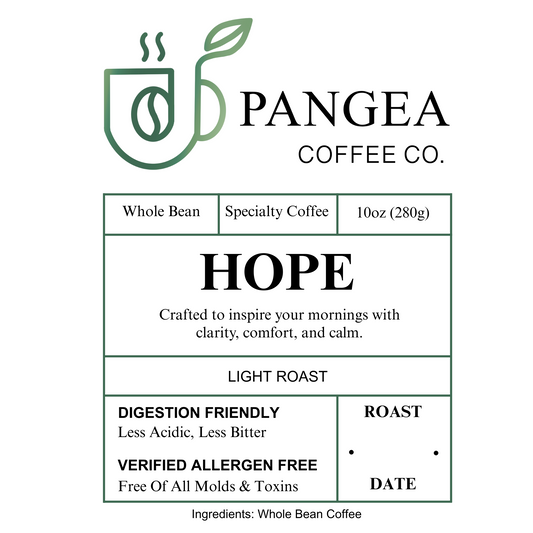 Hope low acid light roast coffee bag front label for acid reflux and GERD - organic allergen-free bright floral fruit-forward coffee for sensitive stomach

