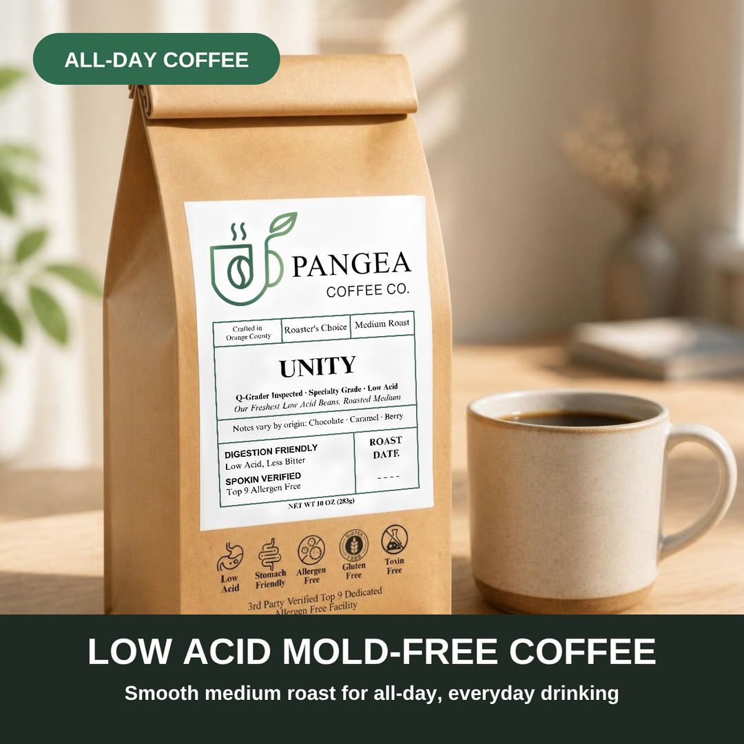 Low acid mold-free coffee — Pangea Unity smooth medium roast for all-day, everyday drinking