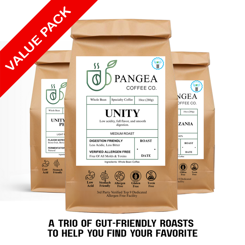 Pangea Coffee Flavor Discovery Pack — mold-free low acid coffee sampler with Bold Respect dark roast, Unity medium roast, and Hope light roast