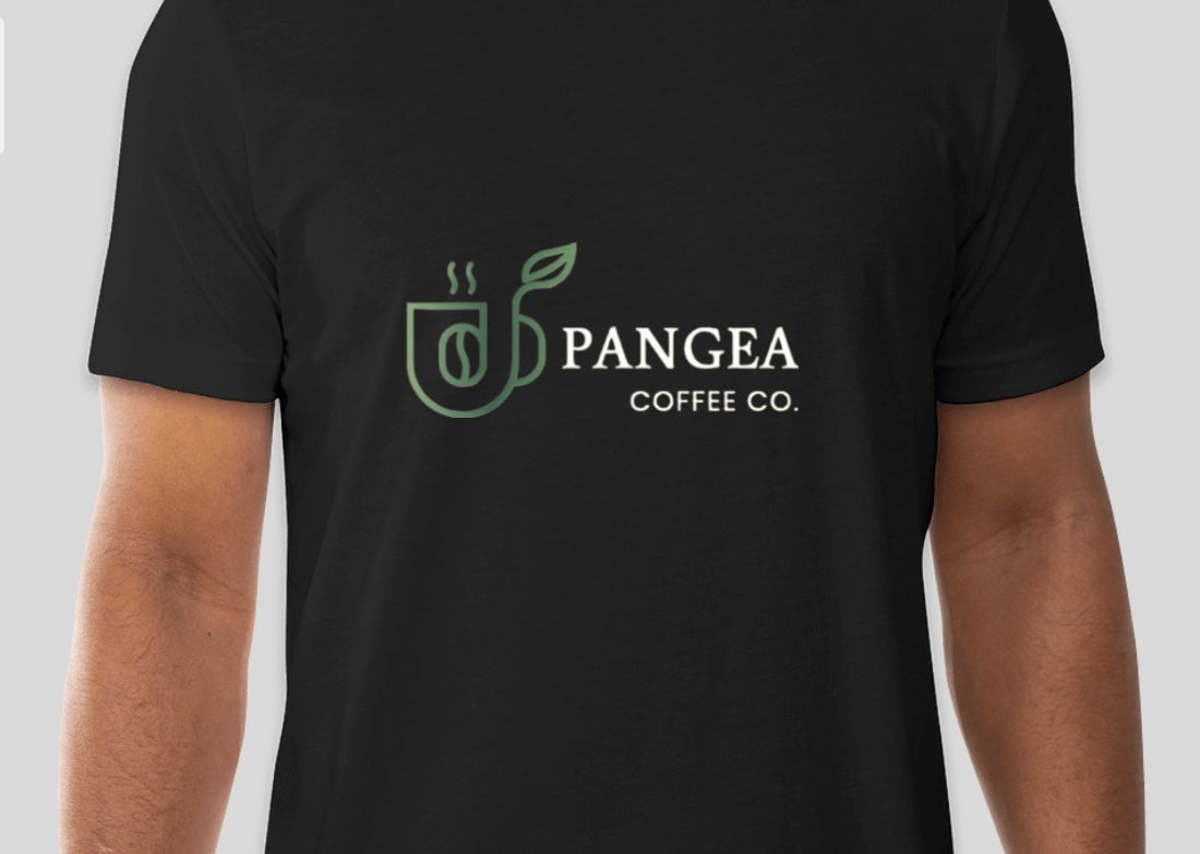 Pangea Coffee black graphic tee flat lay showing clean coffee brand mark