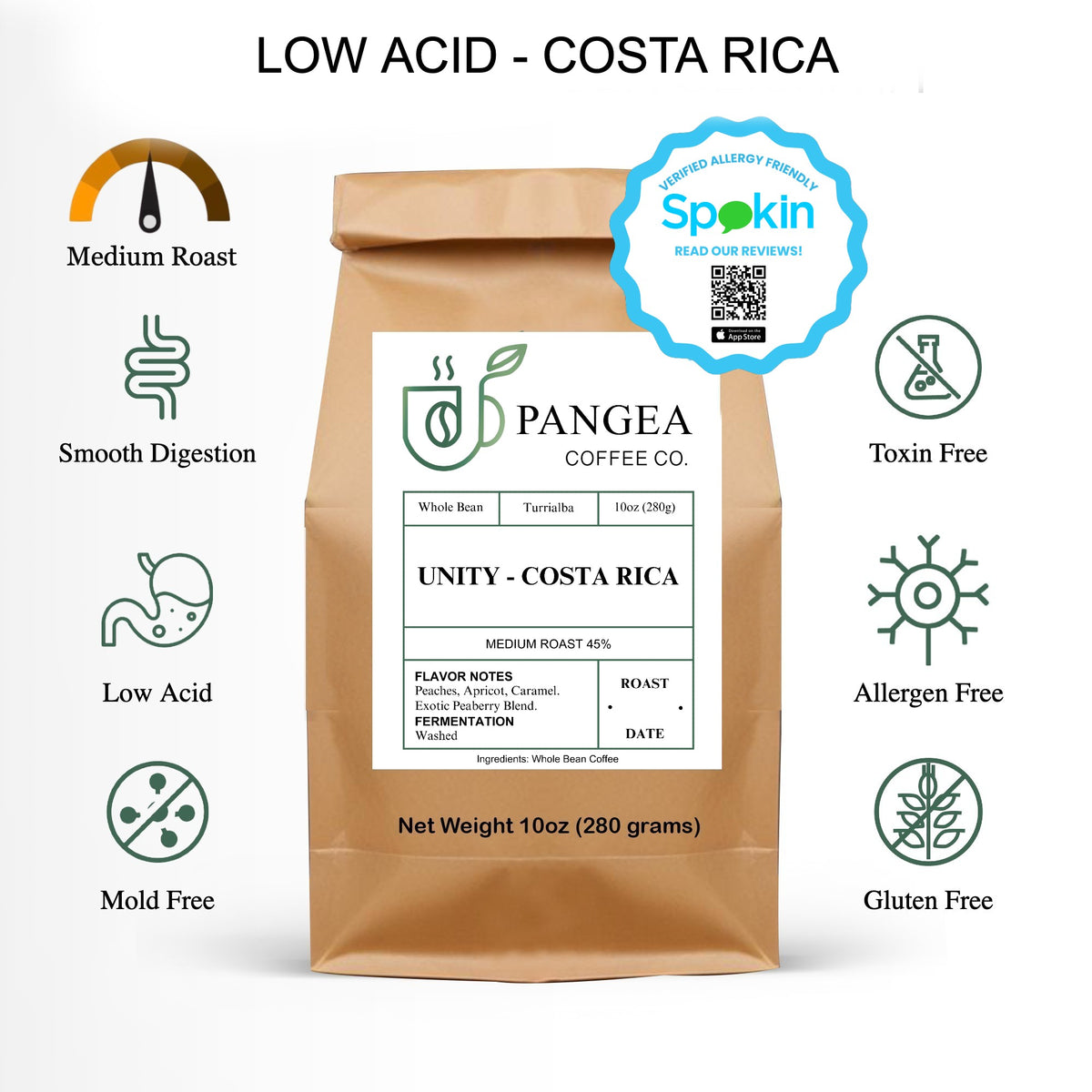 Pangea Coffee Unity – Costa Rica medium roast, low-acid and allergen-free whole bean coffee with peach and caramel flavor notes.