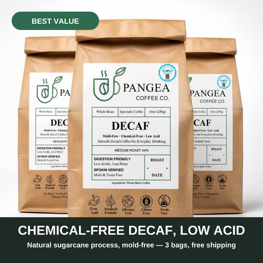 Pangea Decaf 3-Pack: chemical-free sugarcane process decaf coffee, low acid and mold-free — three 10oz bags, best value with free shipping