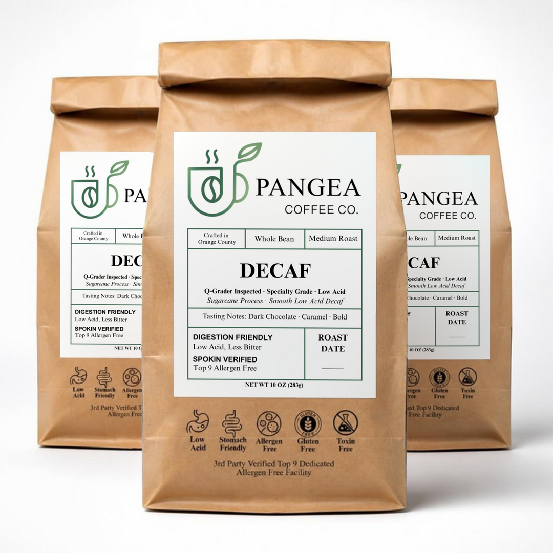 Pangea Decaf 3-Pack — three 10oz bags of Sugarcane EA process decaf coffee, low acid, mold-free and allergen-free, dark chocolate and caramel notes, ships free
