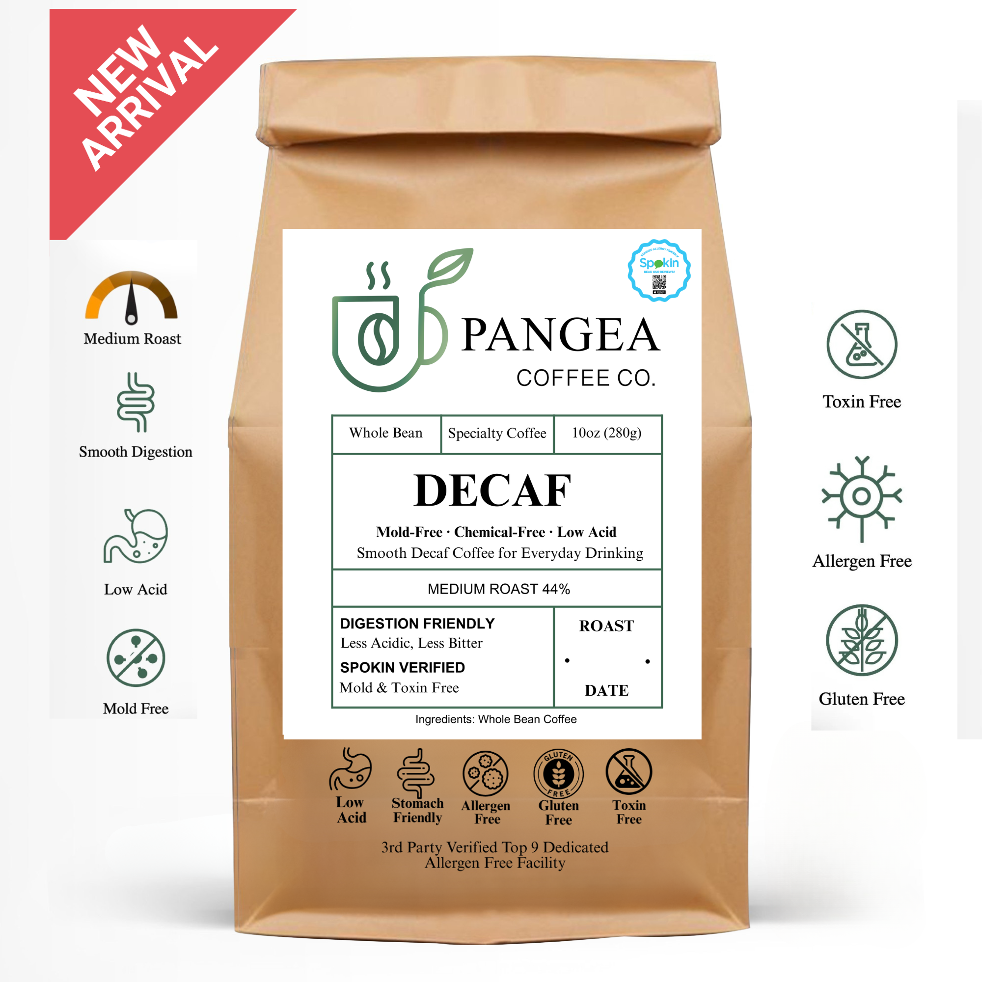 Pangea Decaf 10oz — natural Sugarcane EA chemical-free low acid decaf coffee, mold-free, SPOKIN-verified allergen-free, dark chocolate caramel medium roast, rotating single origins