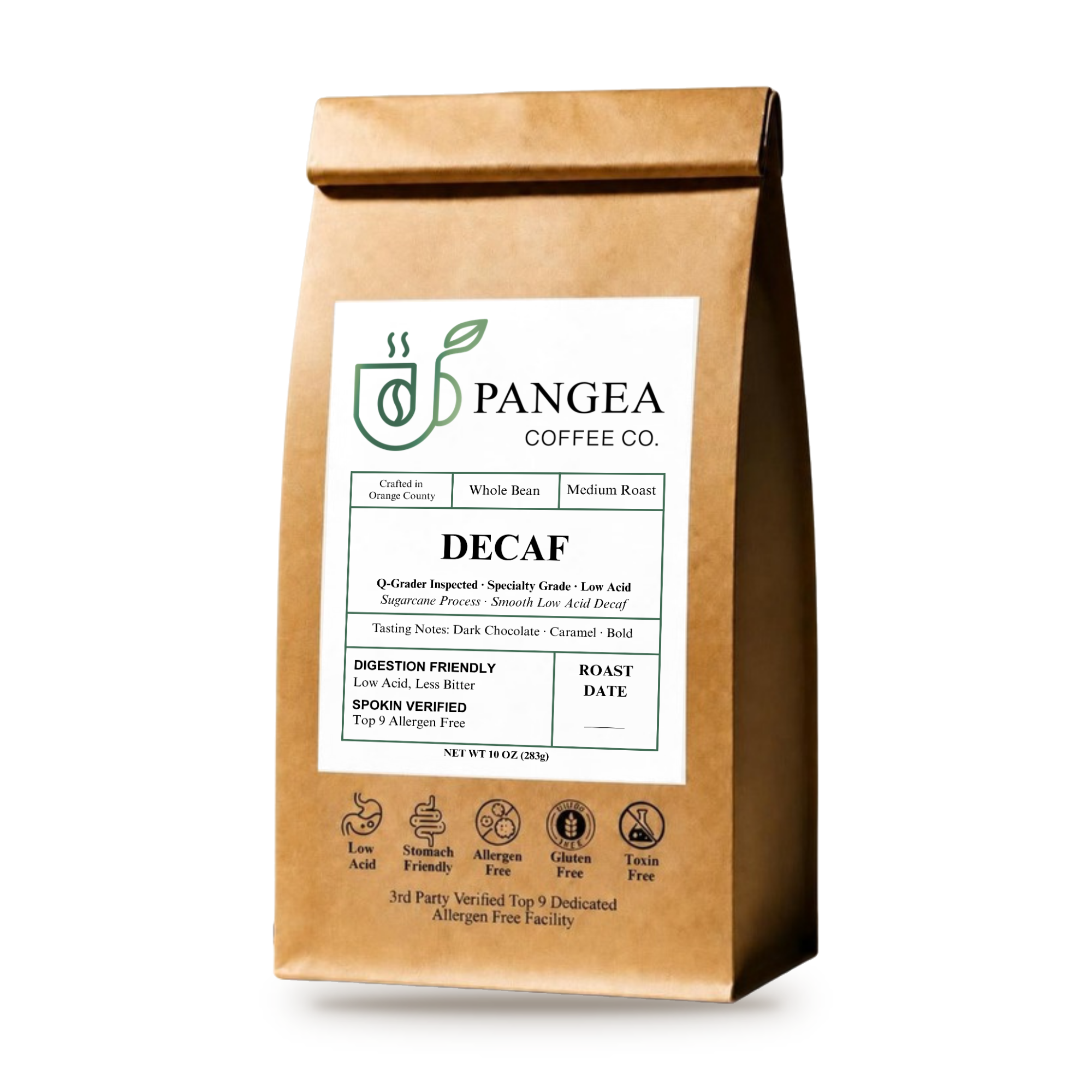 Pangea Decaf — 10oz bag of low acid, chemical-free Sugarcane EA process decaf coffee on white background, mold-free and SPOKIN-verified allergen-free, dark chocolate and caramel notes