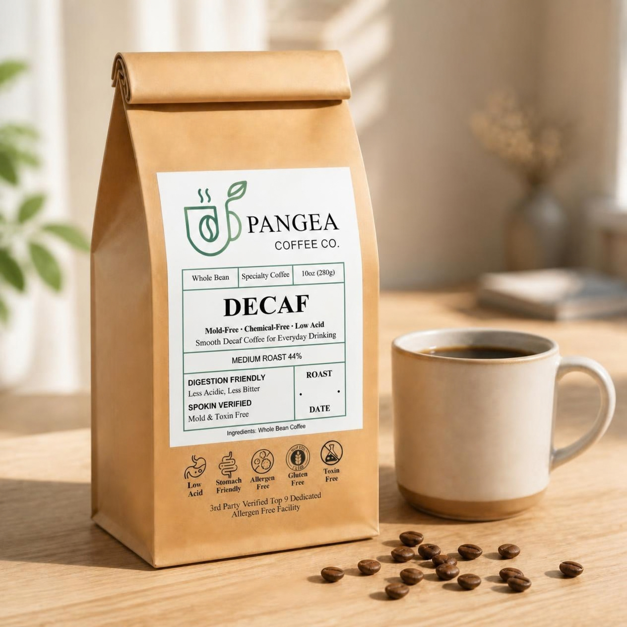 Pangea Decaf low acid sugarcane decaf mold-free coffee bag with mug