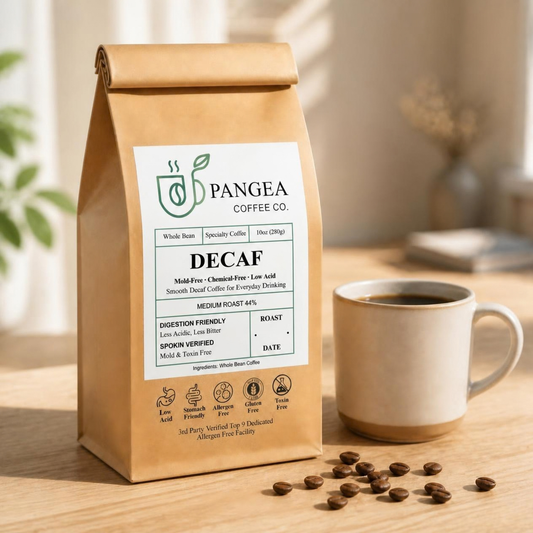 Pangea Decaf low acid sugarcane decaf mold-free coffee bag with mug