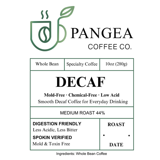 Pangea Decaf medium roast label — fresh-roasted California, 44% medium roast, low acid chemical-free sugarcane EA decaf, mold-free SPOKIN-verified allergen-free, dark chocolate caramel