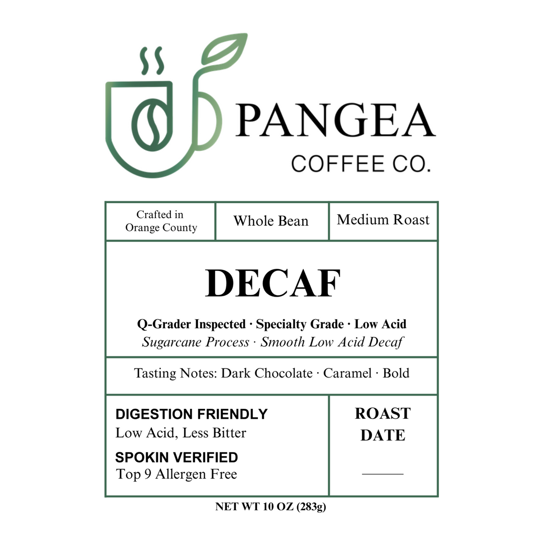 Pangea Decaf front label close-up — natural Sugarcane EA decaffeination, low acid medium roast, small-batch roasted in California, allergen-free facility