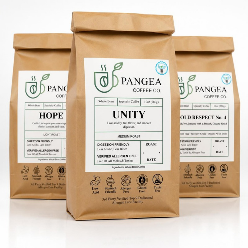 Pangea Discovery Pack: Hope light, Unity medium and Bold Respect No. 4 low acid, mold-free coffee sampler, three 10oz bags