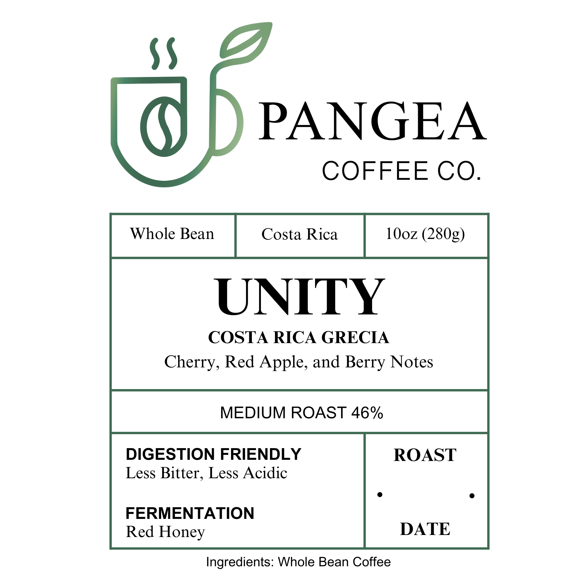 Pangea Unity Costa Rica Grecia White Label – 10oz medium roast whole bean coffee with cherry, red apple, and berry flavor notes. Low acid, allergen-free, small-batch roasted in California.