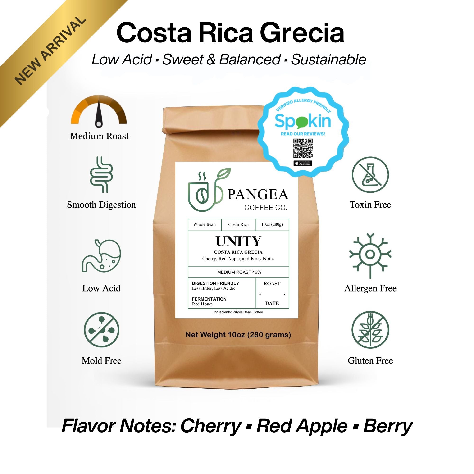 Pangea Unity Costa Rica Grecia – 10oz medium roast whole bean coffee with cherry, red apple, and berry flavor notes. Low acid, allergen-free, small-batch roasted in California.