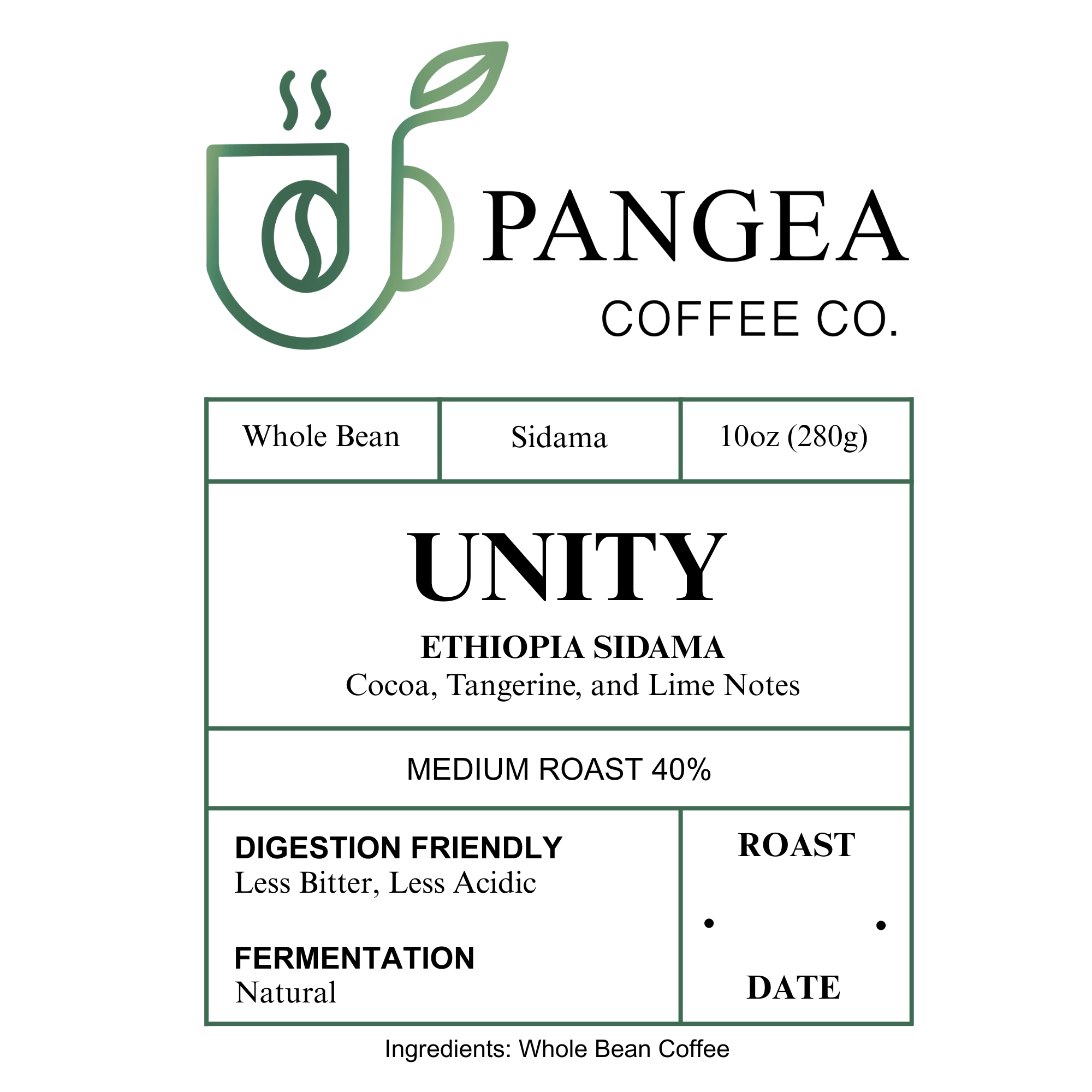 Pangea Unity Ethiopia Sidama White Label – 10oz medium roast whole bean coffee with cocoa, tangerine, and lime notes. Low acid, allergen-free, small-batch roasted in California.