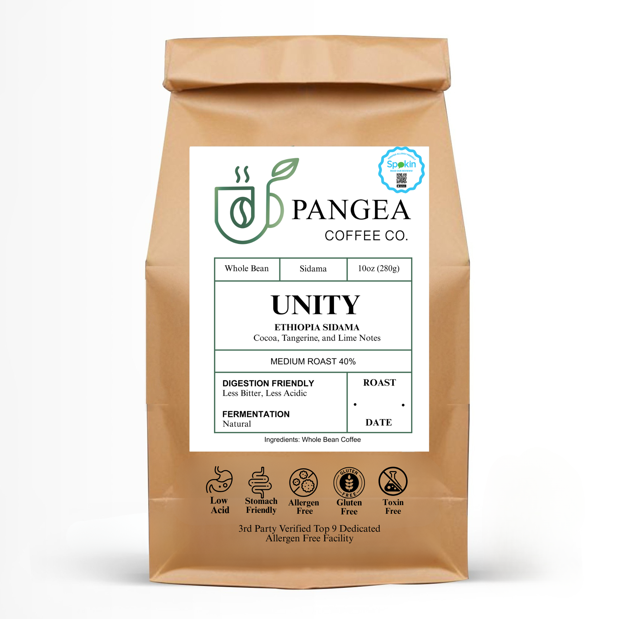 Pangea Unity Ethiopia Sidama White Image – 10oz medium roast whole bean coffee with cocoa, tangerine, and lime notes. Low acid, allergen-free, small-batch roasted in California.