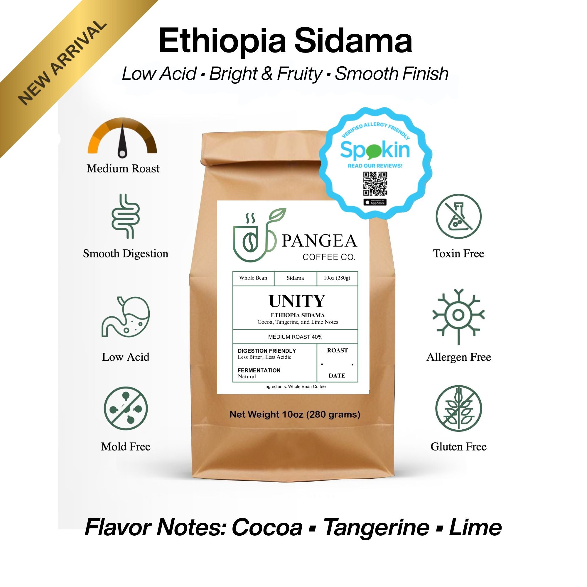 Pangea Unity Ethiopia Sidama – 10oz medium roast whole bean coffee with cocoa, tangerine, and lime notes. Low acid, allergen-free, small-batch roasted in California.