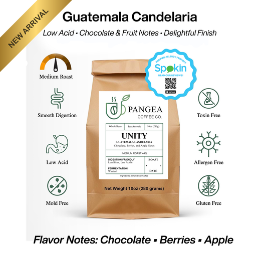 Whole bean Unity Guatemala Candelaria medium roast coffee by Pangea Coffee – low acid, allergen-free, smooth with chocolate, berry, and apple notes.