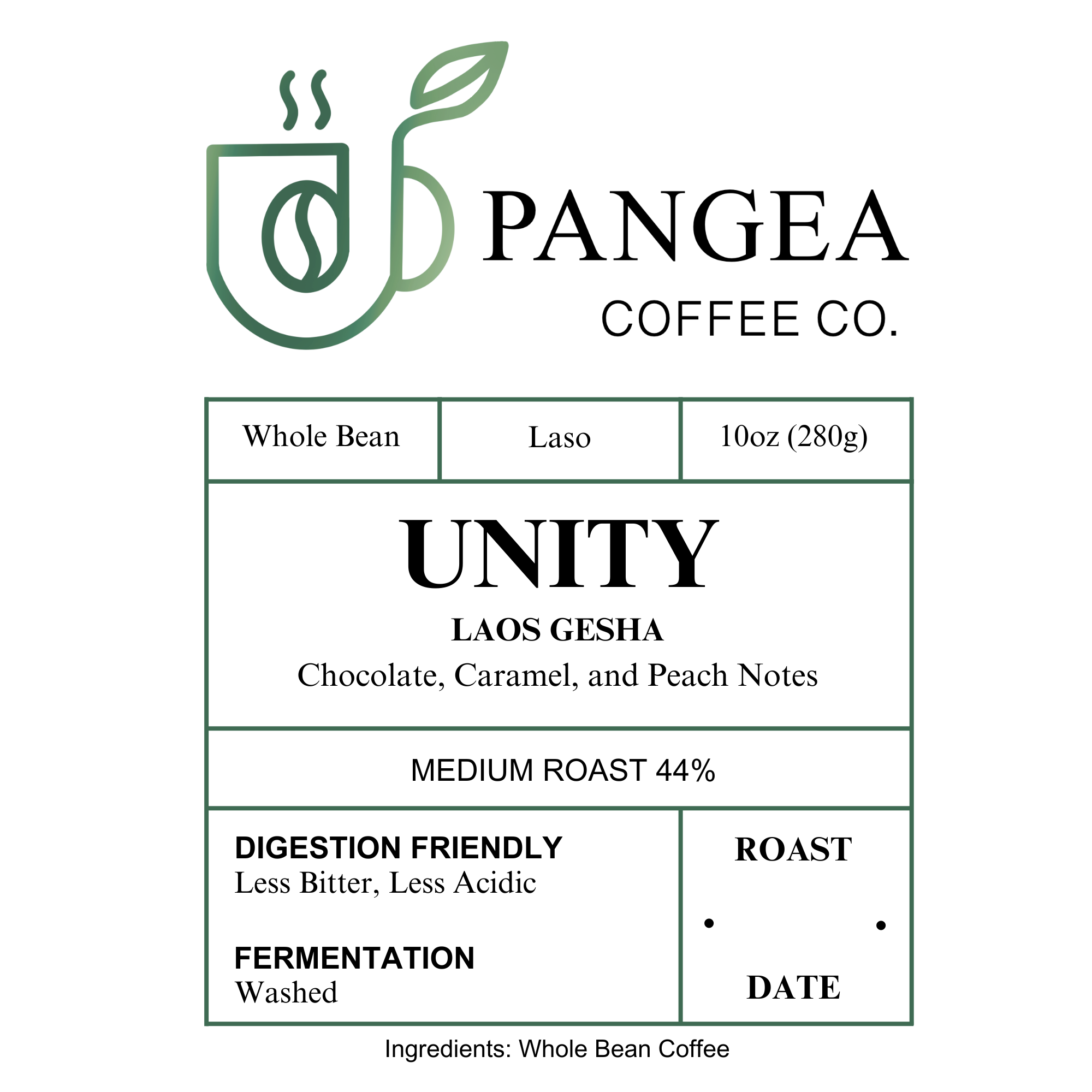 Pangea Unity Laos Gesha White Label – 10oz medium roast whole bean coffee featuring chocolate, caramel, and peach notes. Low acid, allergen-free, specialty-grade coffee roasted in California.
